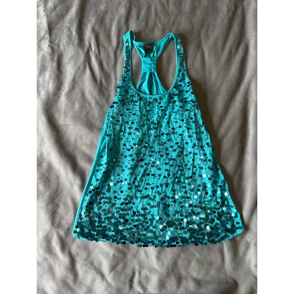 Vanity Turquoise Sequin Racerback Tank Top Teal Blue Medium Y2K Party Bling